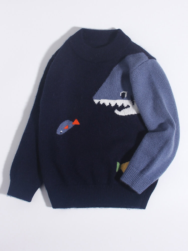 Boys Navy Blue Shark & Fish Pattern Cashmere Sweater